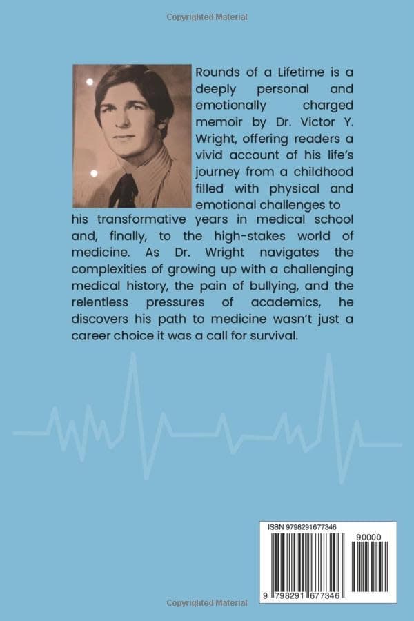 Back cover of 'Rounds of a Lifetime' featuring a sepia childhood portrait of the author and a heartbeat line